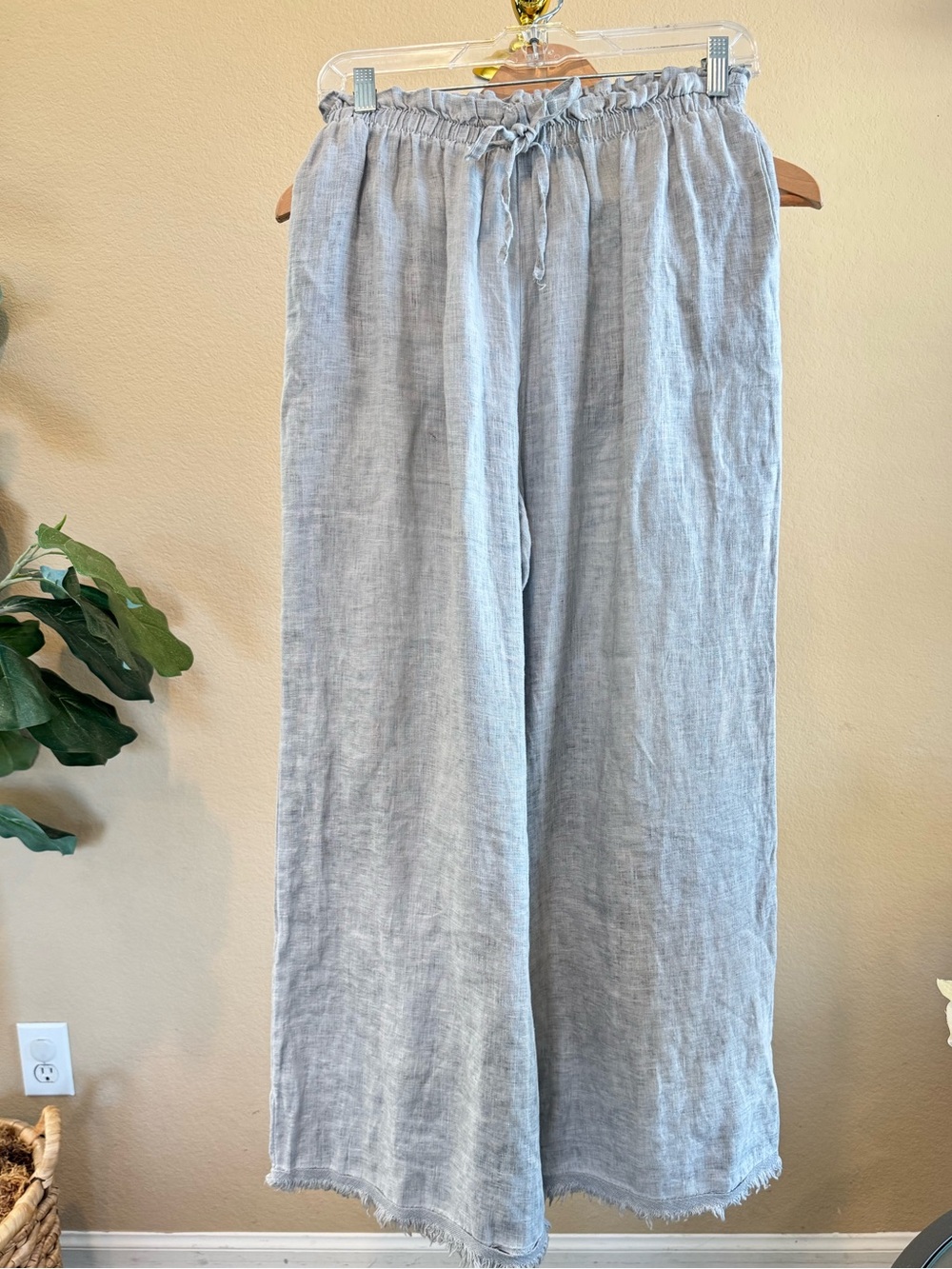 Venti6 Italy Wide Leg Palazzo 100% Linen Pants Women S Gray Frayed Hem Lagenlook